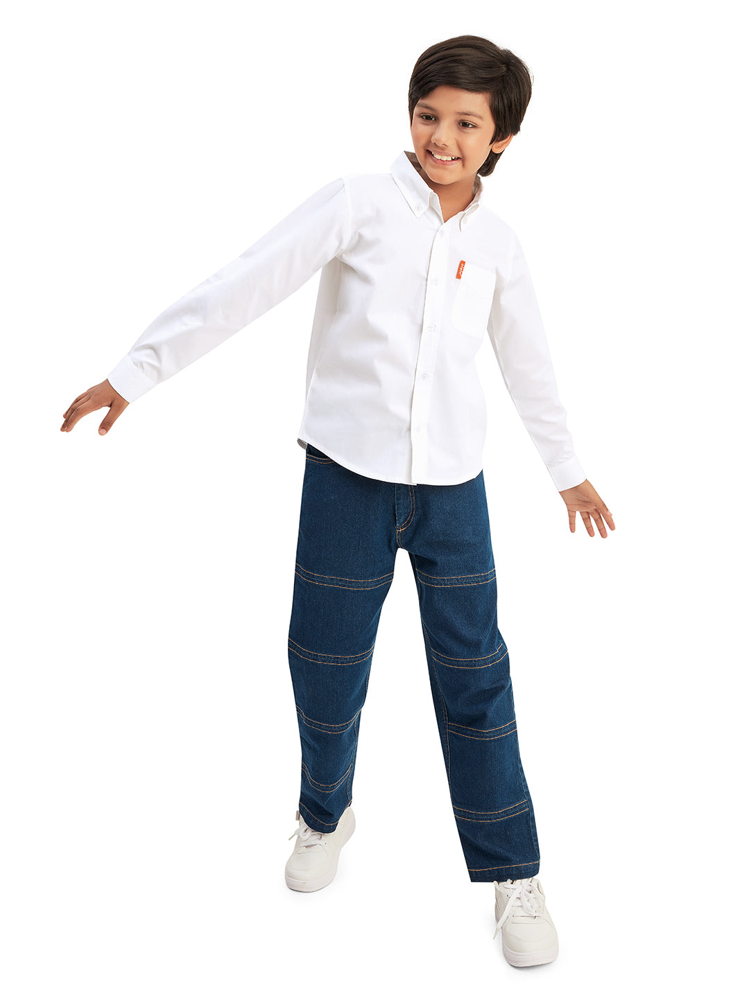 Olele® Boys Full Sleeves Button Down Front Pocket Formal Pure Cotton Plain Shirt - Bright White