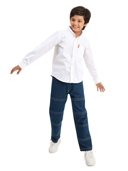 Olele® Boys Full Sleeves Button Down Front Pocket Formal Pure Cotton Plain Shirt - Bright White