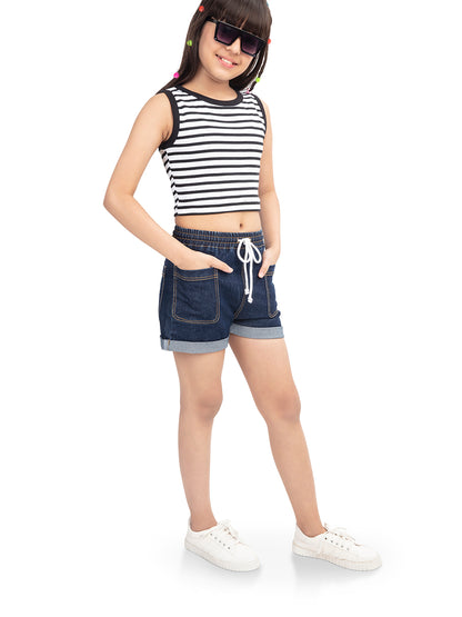 Olele® Girls All Round Elasticated Cotton Denim Shorts with White Drawstring