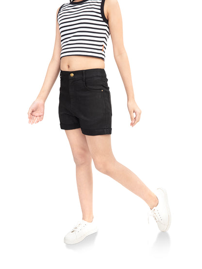 Left Side View Olele® Girls Ebony Black Cotton Denim Shorts