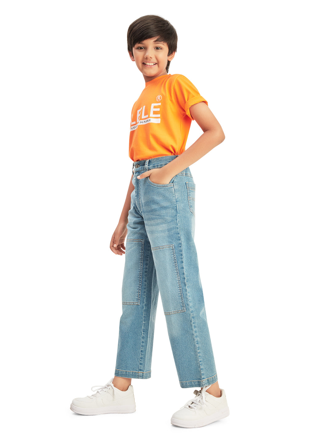 Olele® Boys Cotton Denim Patch Work Regular Fit Jeans Pant - Light Blue