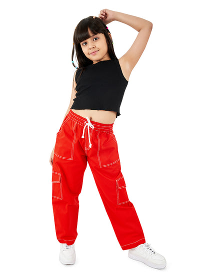 Olele® Girls Camila Cargo Pant - Red Cotton