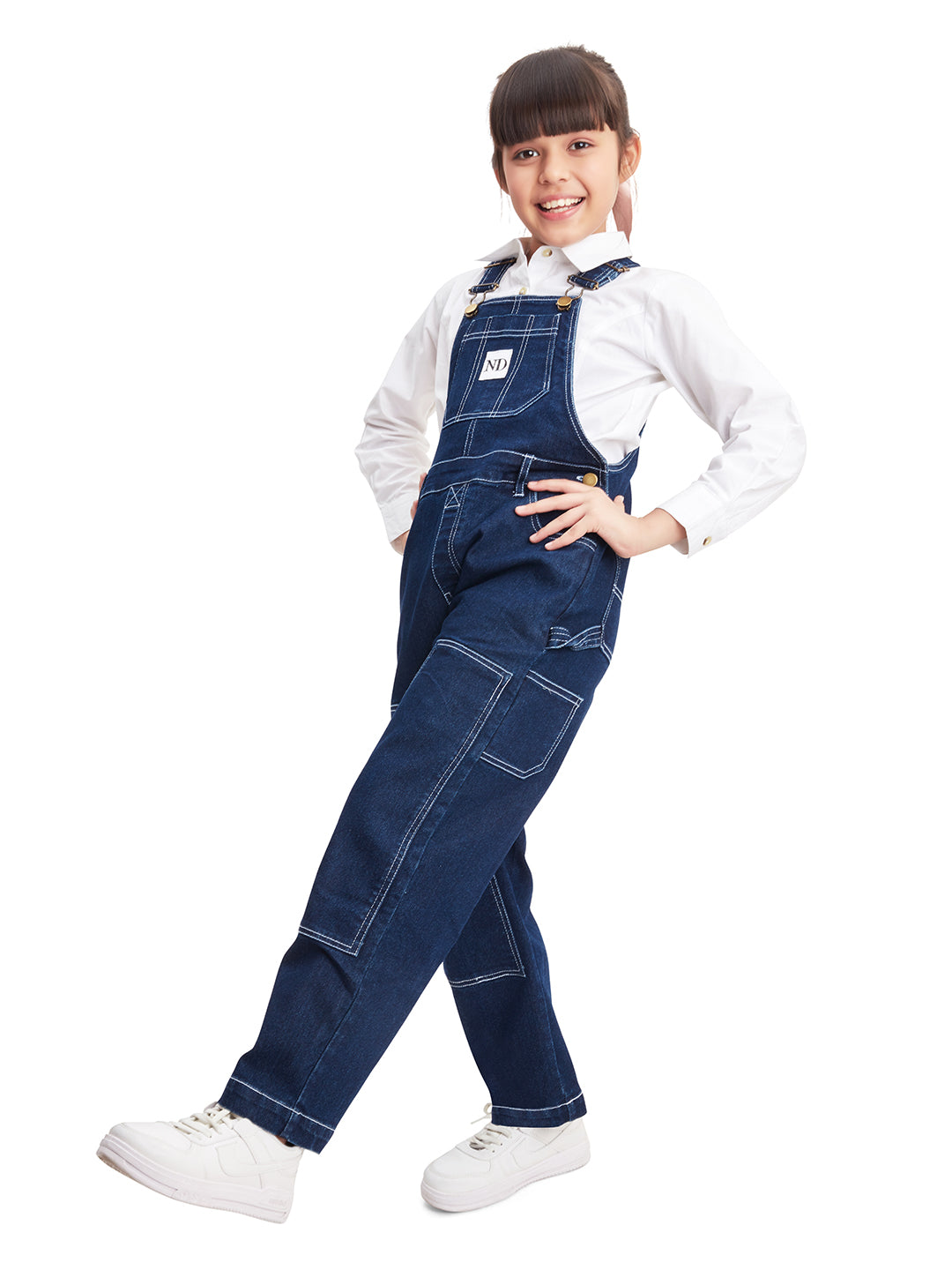 left side view of Olele® Girls Carpenter Dungaree - Raw Cotton Denim