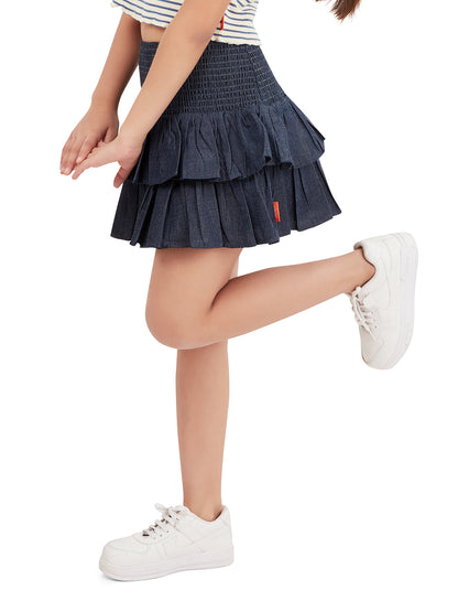 Olele® Girls Cotton Denim Smocked Skirt with Safety Pant