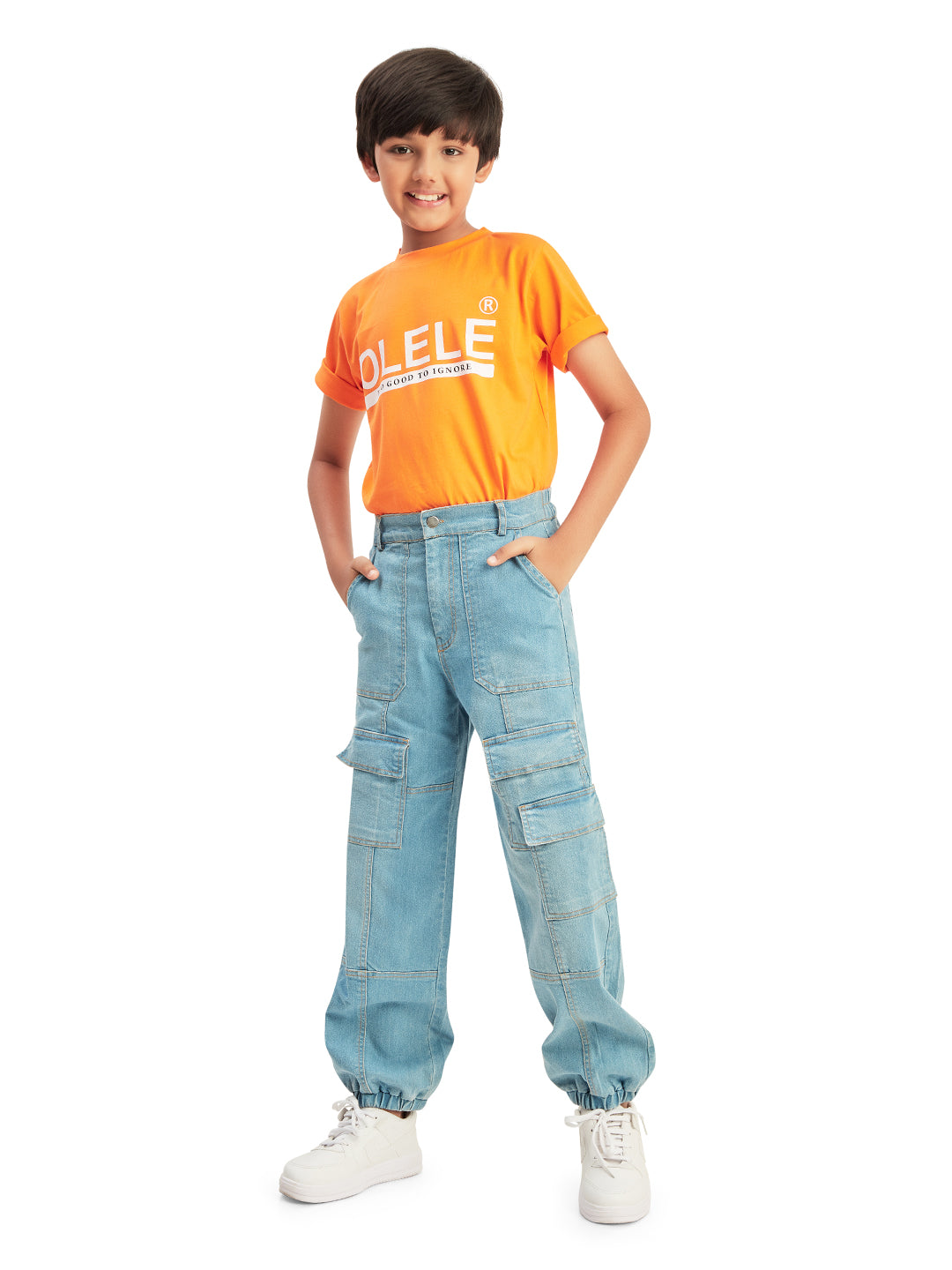 Olele® Boys Cotton Denim 7 Pockets Cargo Joggers Jeans Pant - Light Blue
