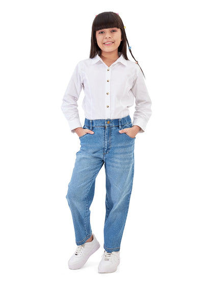 Olele® Girls Regular Fit Stretchable Vanilla Cotton Denim Jeans Pant