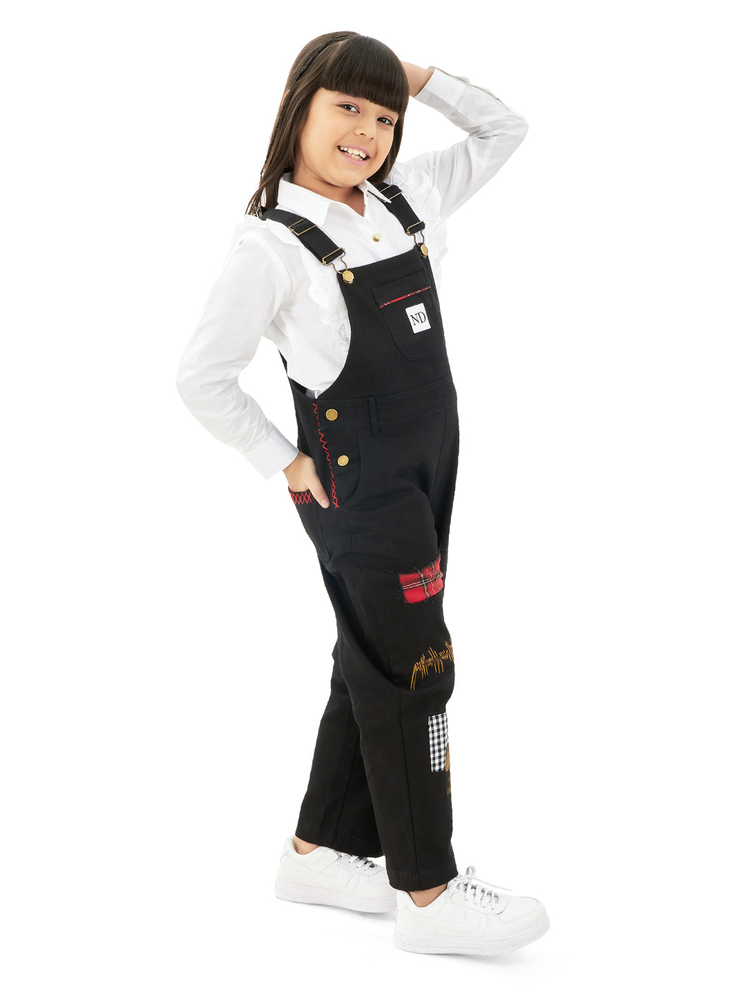 Olele®  Full Length BTS Black Patch Work Cotton Dungaree - Girls