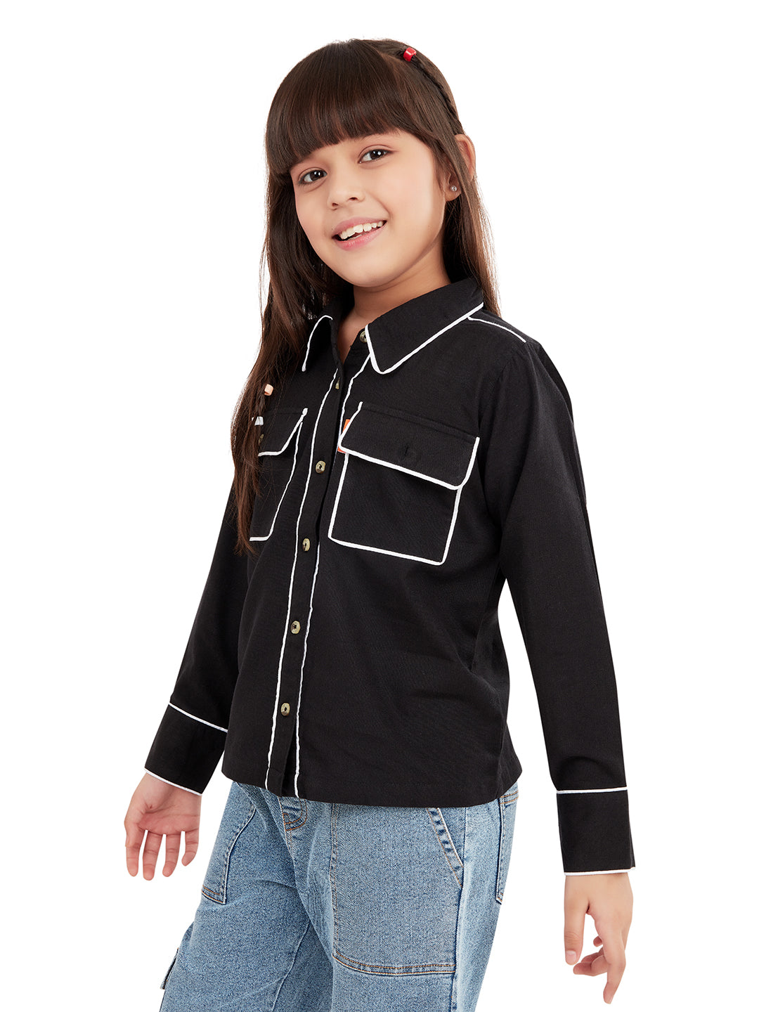 Olele® Girls Piping Art Cotton Full Sleeves Shirt - Black