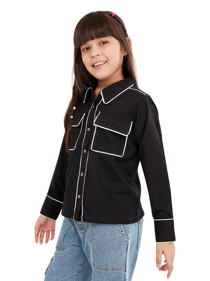 Olele® Girls Piping Art Cotton Full Sleeves Shirt - Black