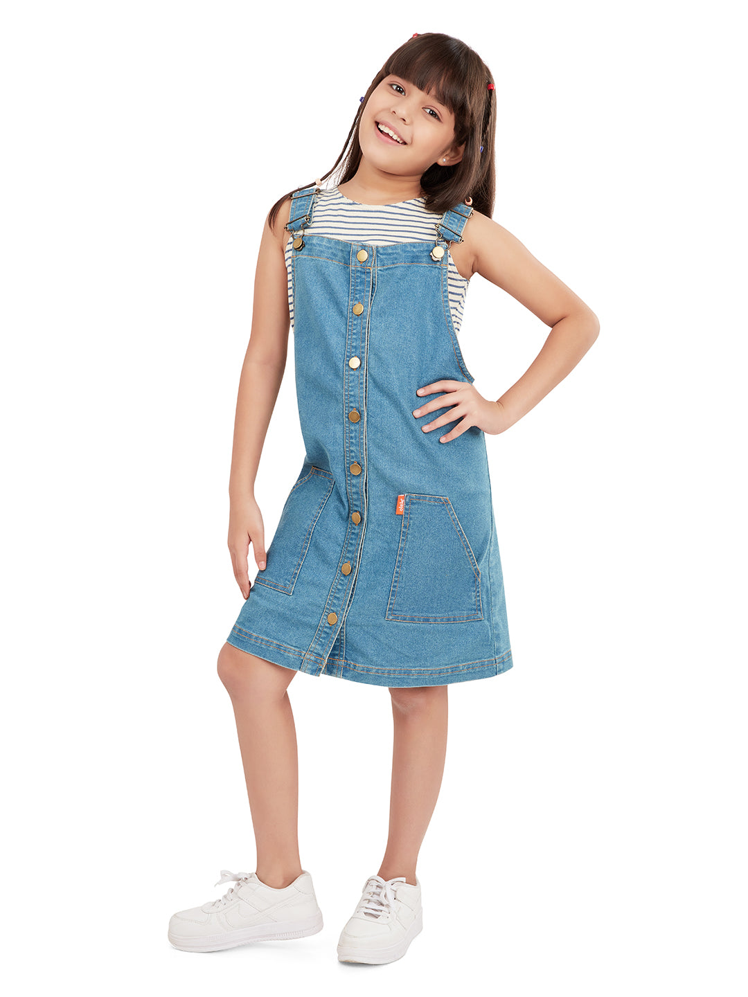 Olele® Girls Vanilla Cotton Denim Dungaree Dress - Blue