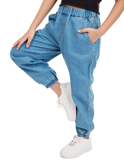 Olele® Girls Jackson Joggers Cotton Denim Jeans (Elasticated Waist)  - Indigo Blue