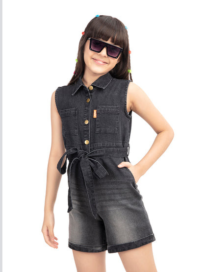 Olele® Girls Black Cotton Denim Romper