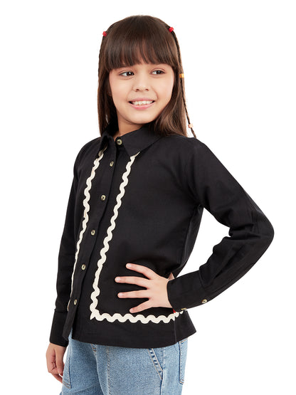 Olele® Girls Full Sleeve Linen Lace Shirt - Black