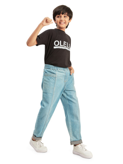 Olele® Boys Cotton Denim Pull On Hem Fold Jeans - Light Blue