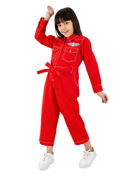 Olele® Girls Brooklyn Boiler Suit with Zipper Opening - Red Cotton