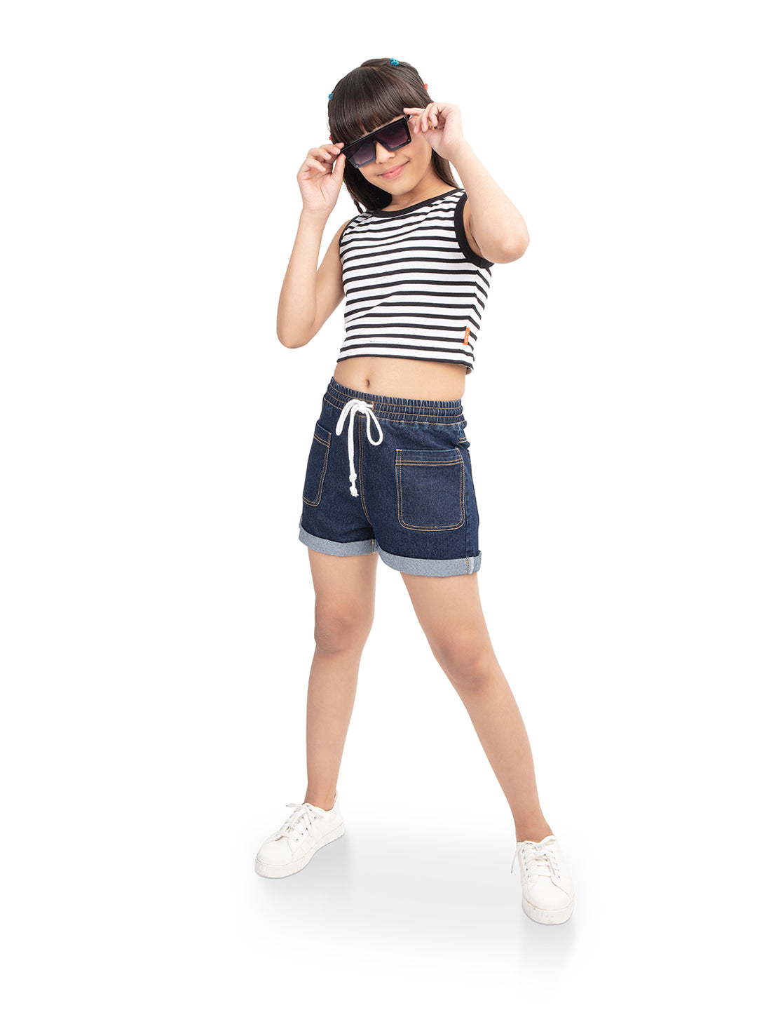 Olele® Girls All Round Elasticated Cotton Denim Shorts with White Drawstring