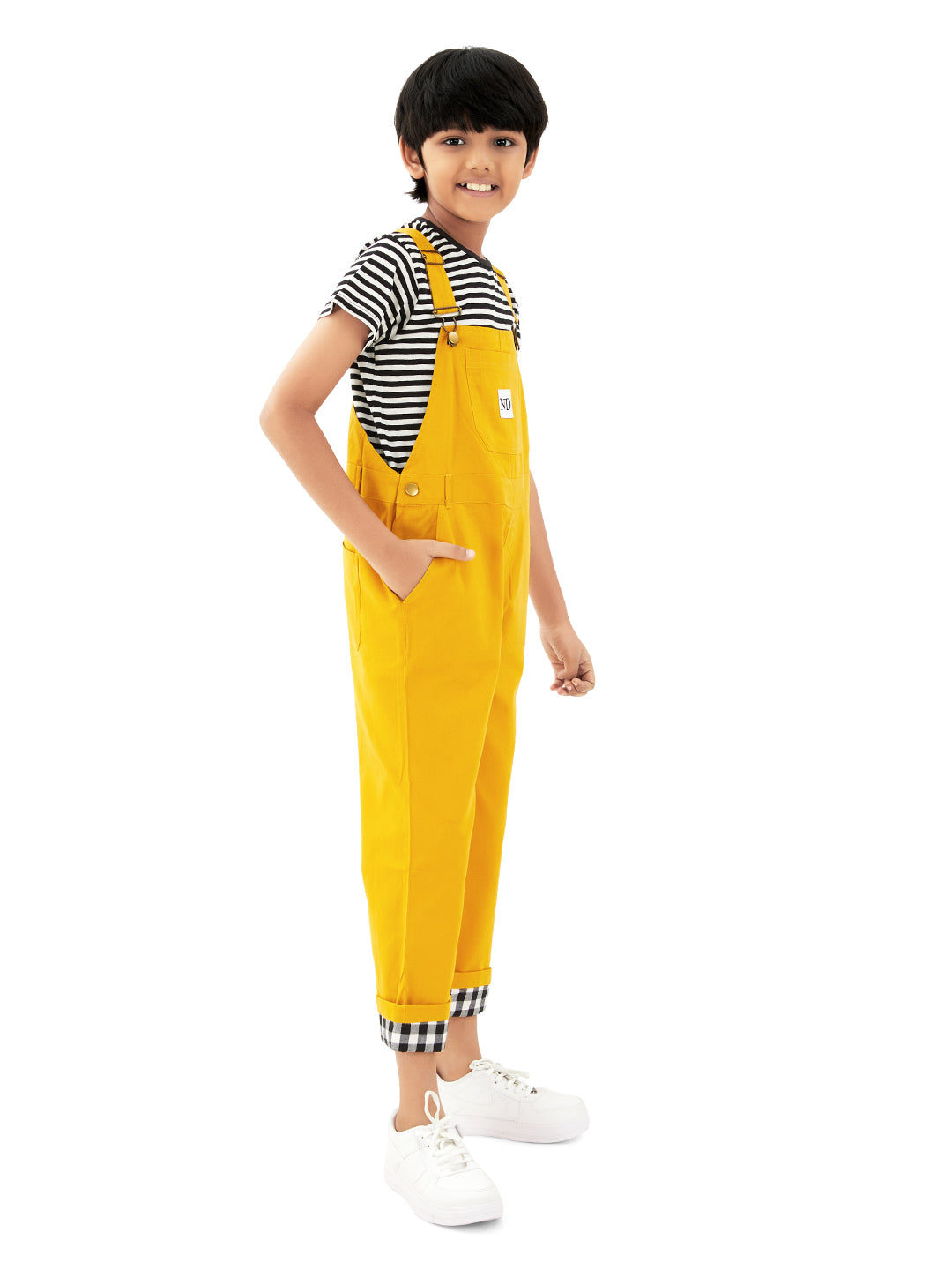 Olele® Full Length Signature Hemfold Yellow Cotton Dungaree - Boys