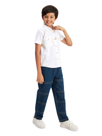 Olele® Boys Short Sleeves Button Down Cotton Two Pockets Shirt - Bright White