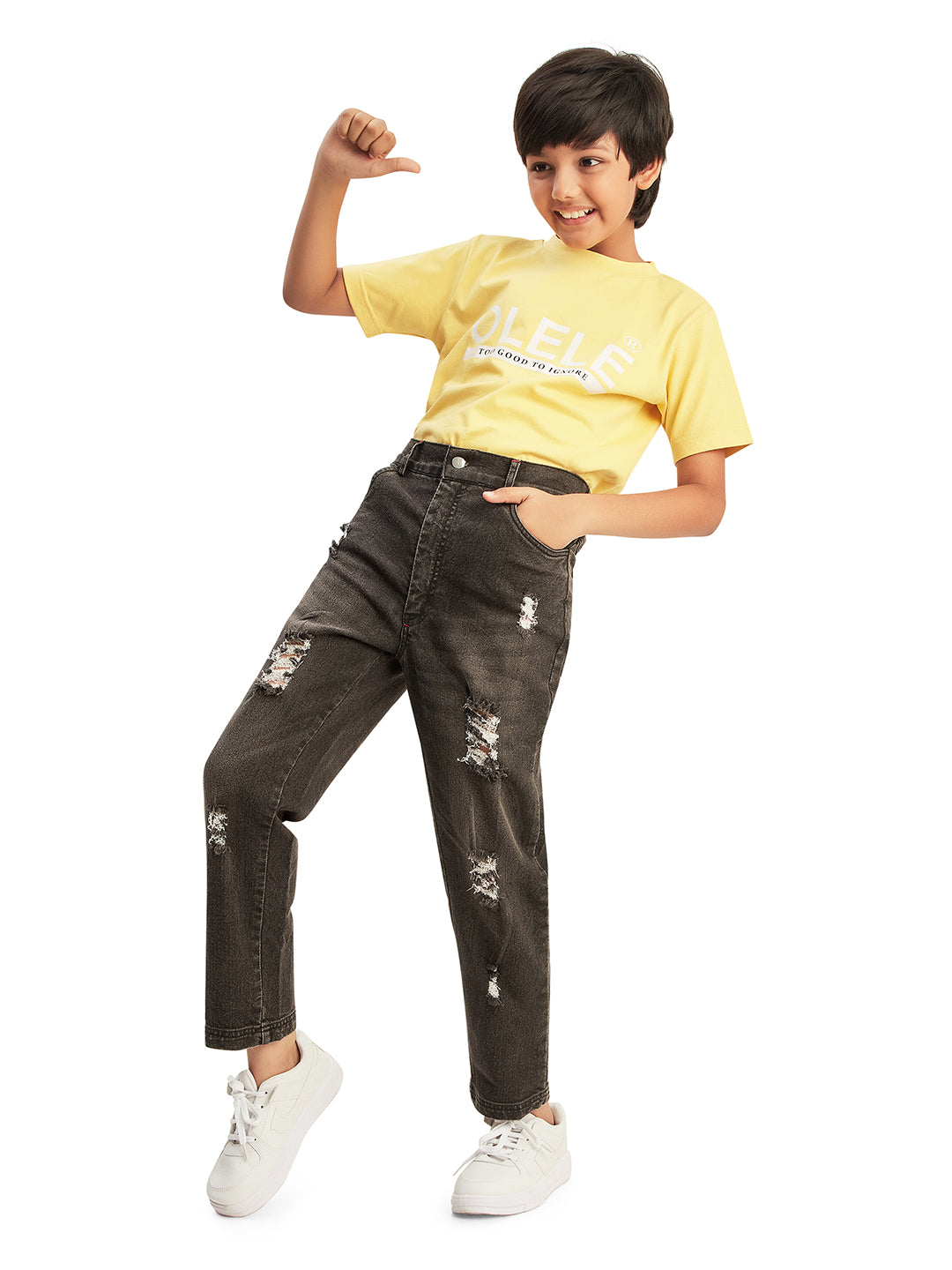 Olele® Boys Cotton Denim Distressed Wash Jeans Pant - Black