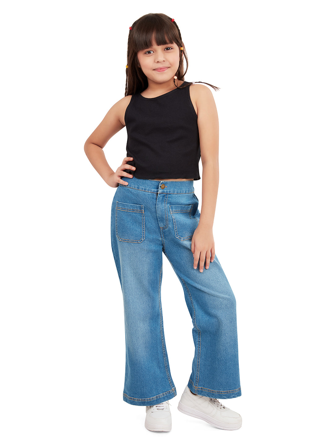 Olele® Girls Windsor Wide Leg Cotton Denim Jeans Regular Fit Stretchable (Elasticated Waist)  - Indigo Blue