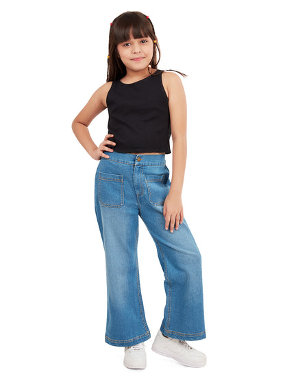 Olele® Girls Windsor Wide Leg Cotton Denim Jeans Regular Fit Stretchable (Elasticated Waist)  - Indigo Blue