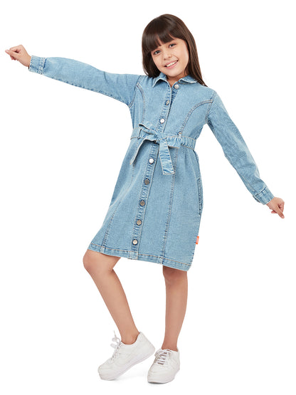 Olele® Girls Dallas Denim Full Sleeve Dress - Light Blue