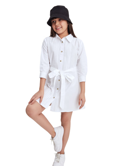 Olele® Girls Whitney White Full Sleeves Cotton Shirt Dress