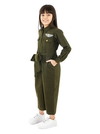 Olele® Girls Brooklyn Boiler Suit with Zipper Opening - Olive Cotton