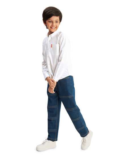 Olele® Boys Full Sleeves Button Down Front Pocket Formal Pure Cotton Plain Shirt - Bright White