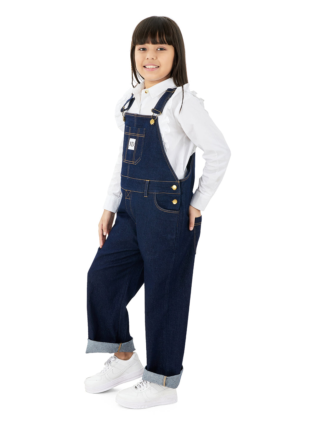 Left Side View of Girls Raw Cotton Denim Vanilla Dungaree