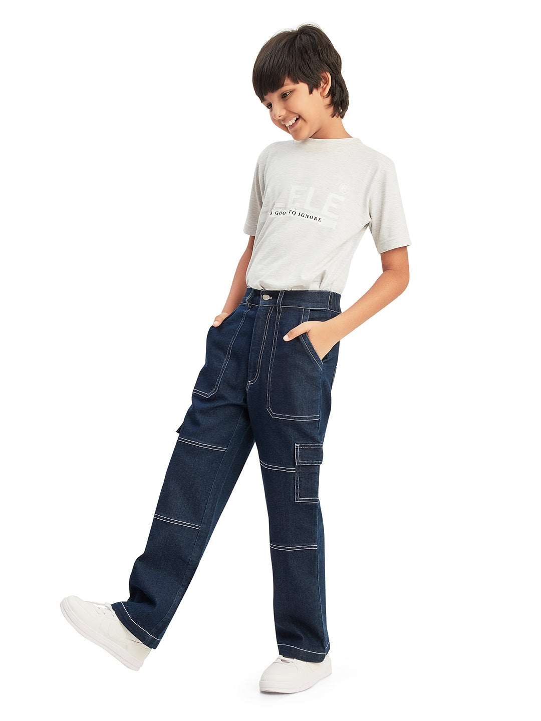 Olele® Boys Cotton Denim Cargo 6 Pockets Pant with Contrast White Thread Stitching - Raw Blue