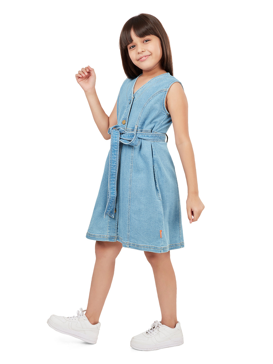 Olele® Girls Dallas Denim V-Neck Dress  - Light Blue
