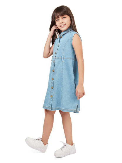 Olele® Girls Dallas Denim Sleeveless Collar Dress  - Light Blue