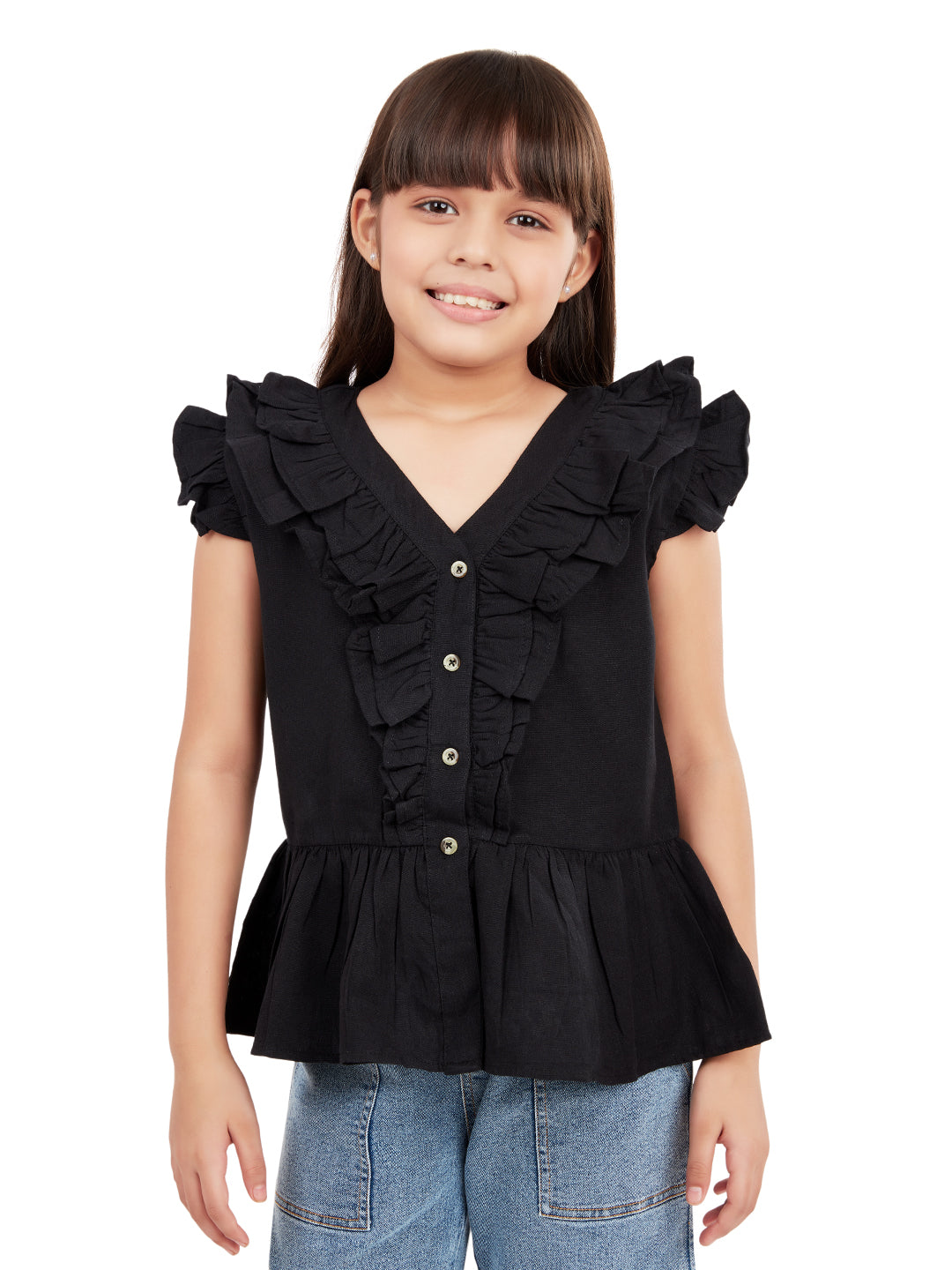 Olele® Girls Victoria Ruffle Top - Pure Black Mill Made Cotton