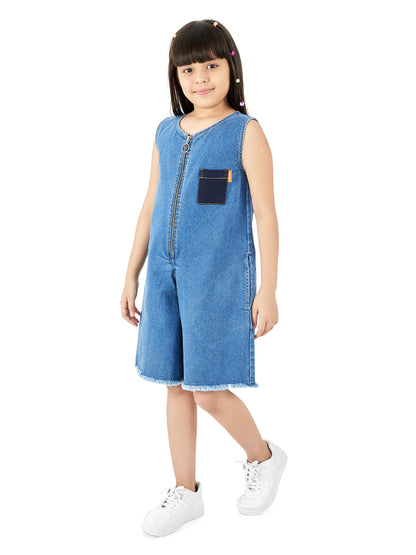 Olele® Girls Richmond Front Metal Zipper Romper - Cotton Denim