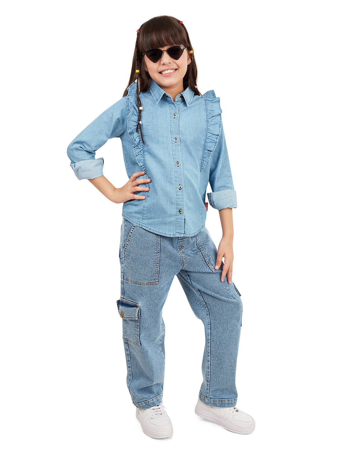 Olele® Girls Regina Full Sleeve Linen Denim Shirt - Light Blue