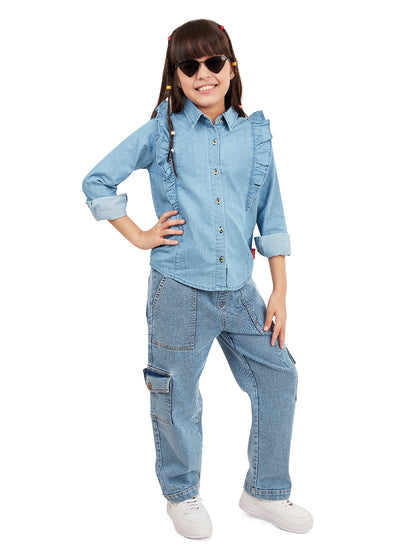 Olele® Girls Regina Full Sleeve Linen Denim Shirt - Light Blue