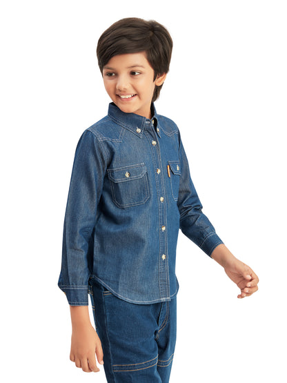Olele® Boys Full Sleeves Button Down Cotton Light Denim Shirt - Blue