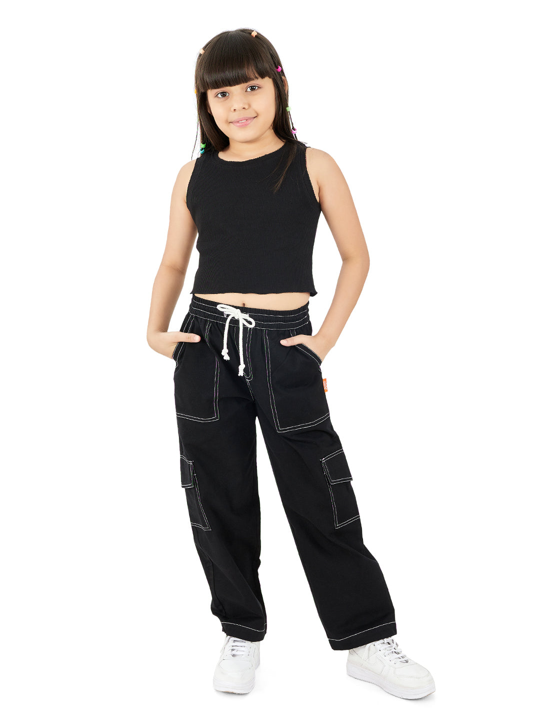Olele® Girls Camila Cargo Pant - Black Cotton