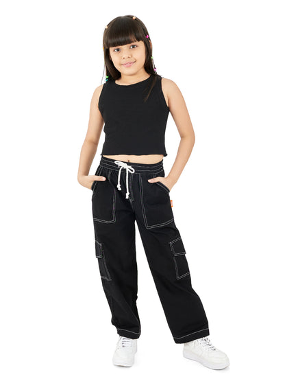 Olele® Girls Camila Cargo Pant - Black Cotton
