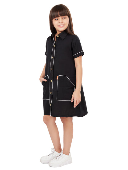 Olele® Girls Piping Art Cotton Short Sleeves Shirt Dress - Black