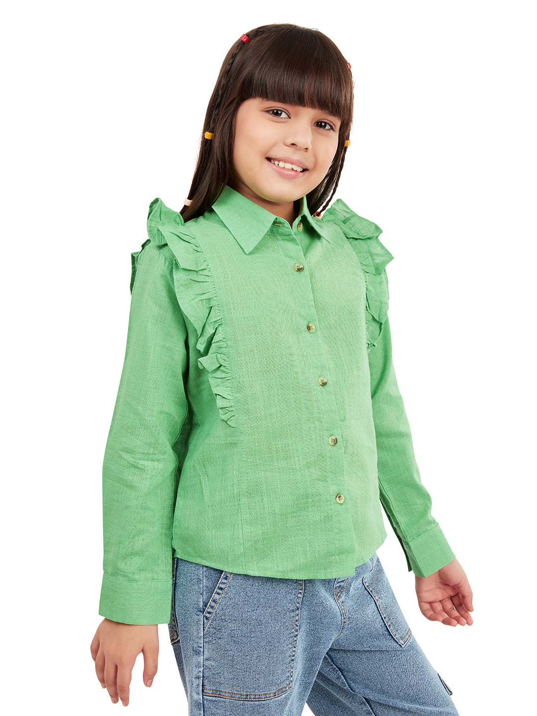 Olele® Girls Regina Full Sleeve Cotton Linen Shirt - Parrot Green