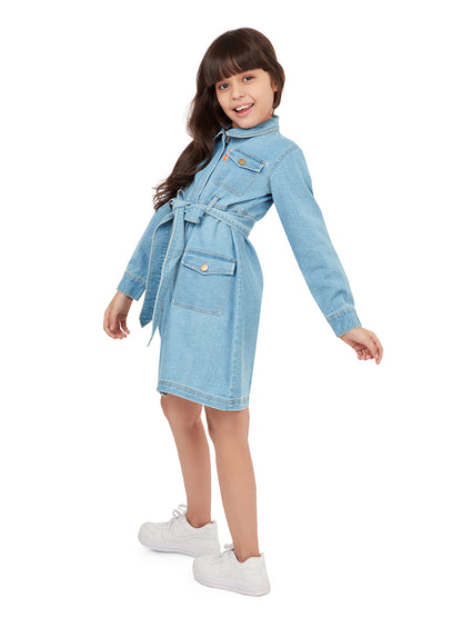 Olele® Girls Utility Cotton Denim Full Sleeve Dress - Blue