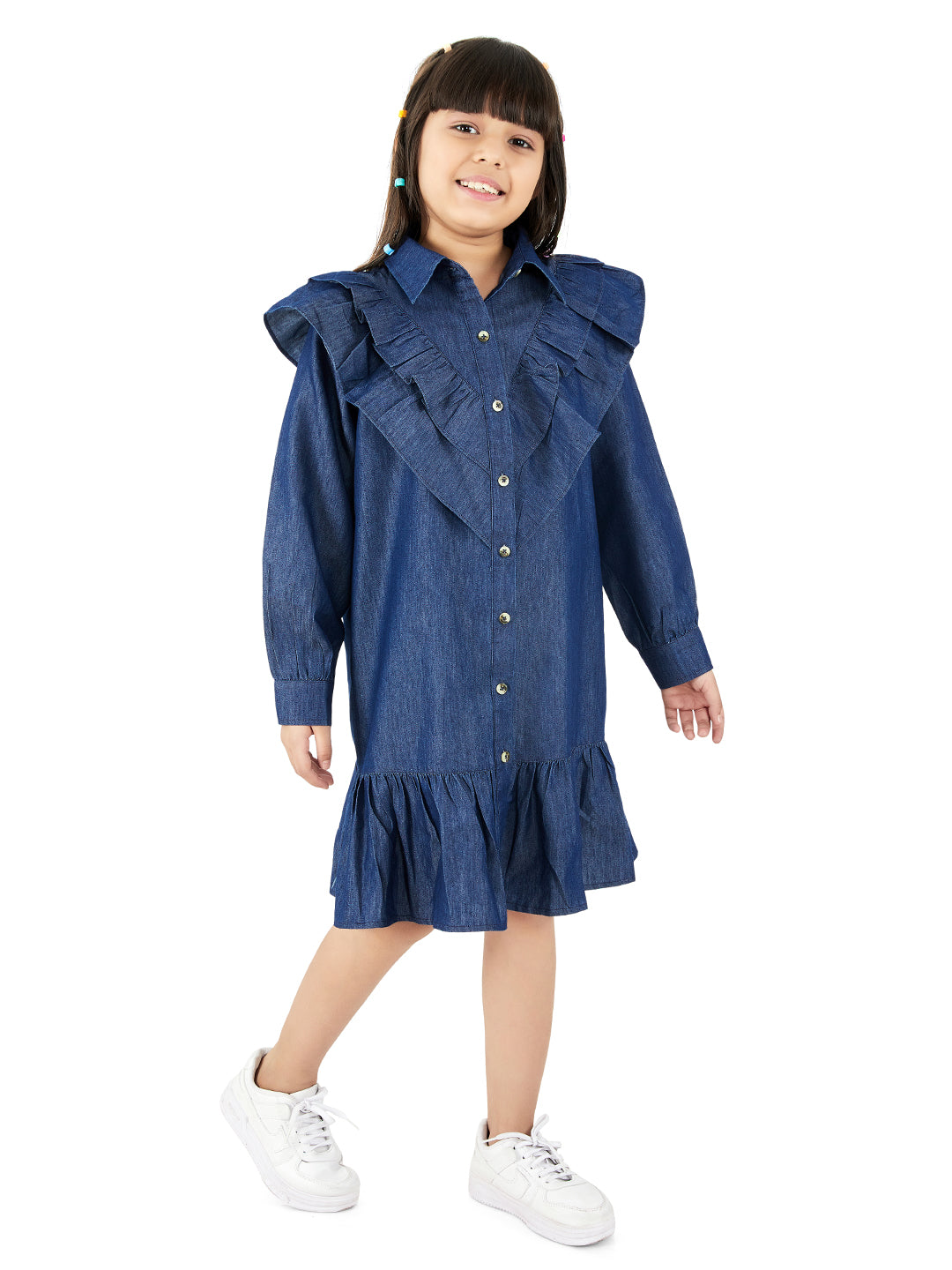 Olele® Girls Victoria Double Layer Ruffle Dress - Light Weight Cotton Denim