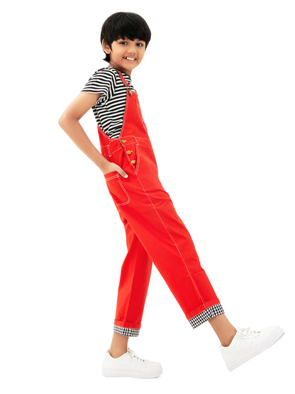 Olele® Boys Cotton Twill Ferrari Red Dungaree with Signature Contrast Hem Fold