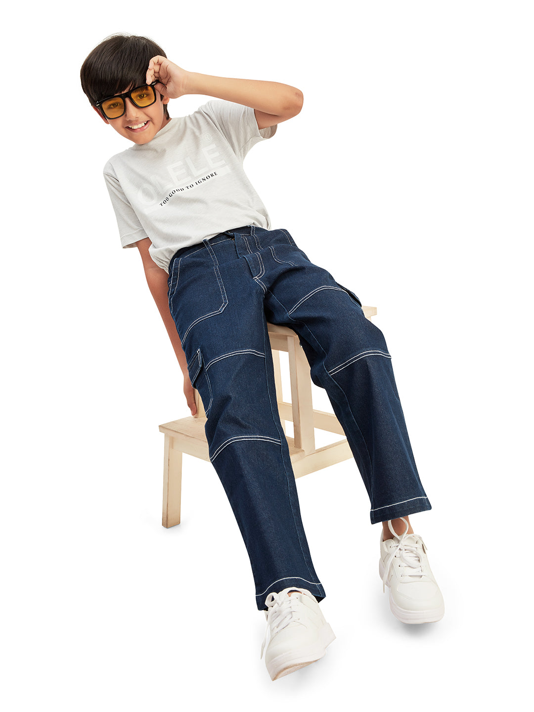 Olele® Boys Cotton Denim Cargo 6 Pockets Pant with Contrast White Thread Stitching - Raw Blue