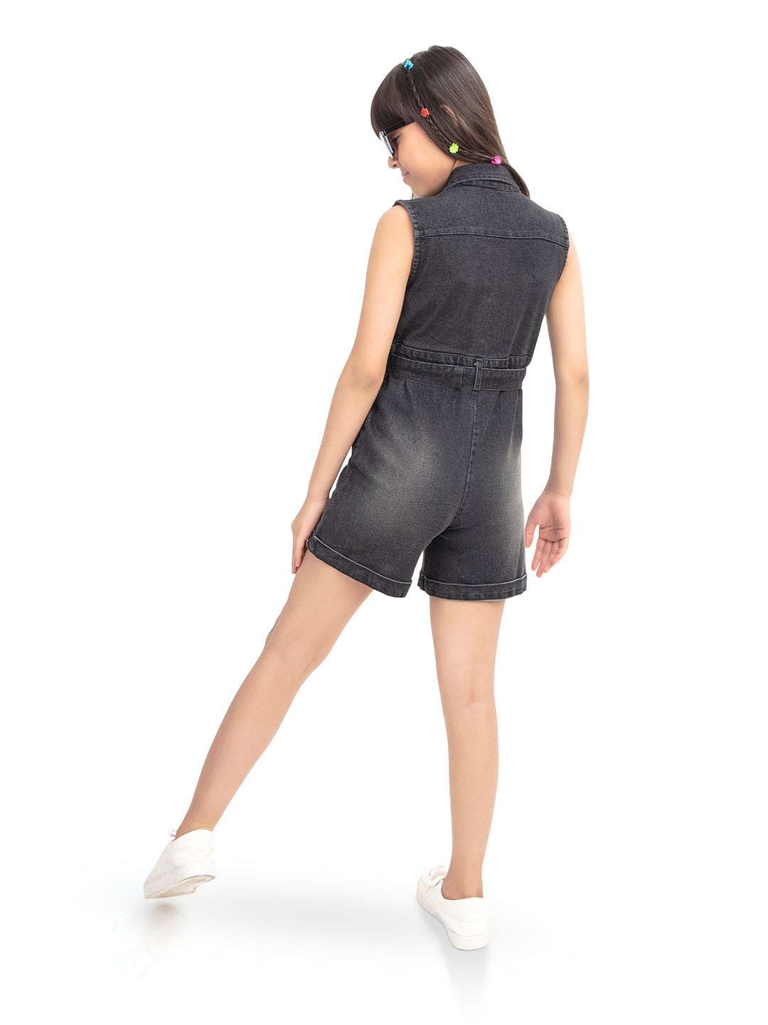 Olele® Girls Black Cotton Denim Romper