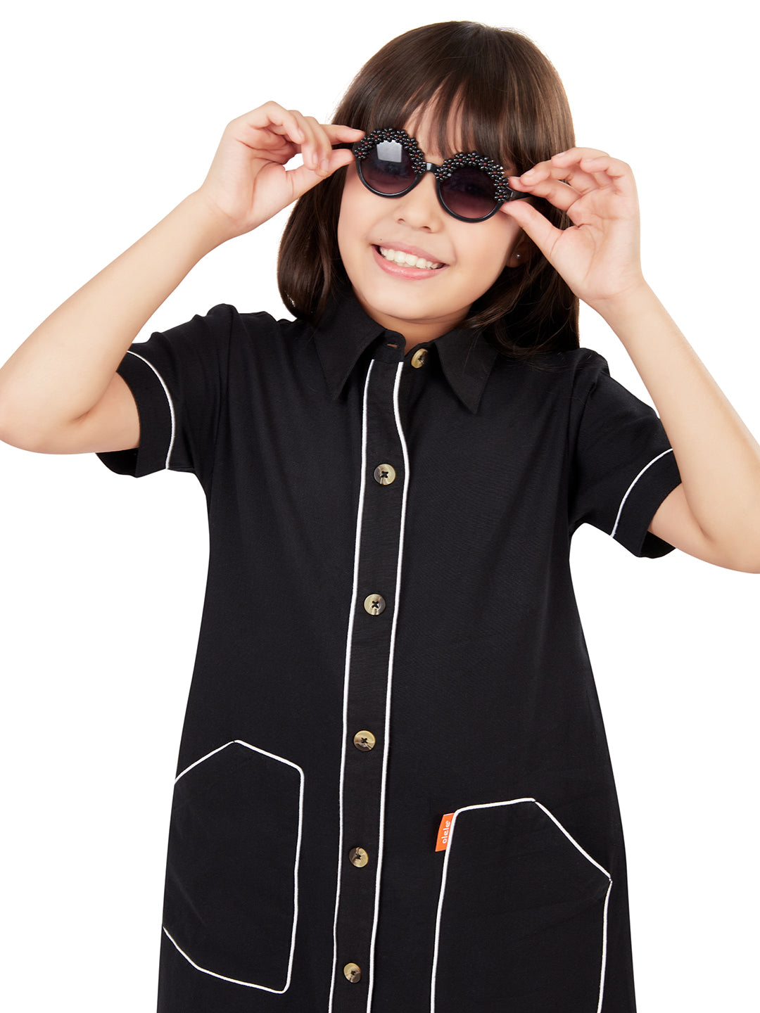 Olele® Girls Piping Art Cotton Short Sleeves Shirt Dress - Black