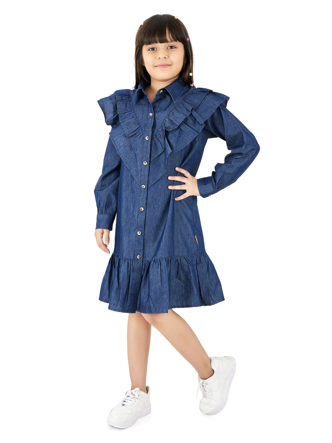 Olele® Girls Victoria Double Layer Ruffle Dress - Light Weight Cotton Denim
