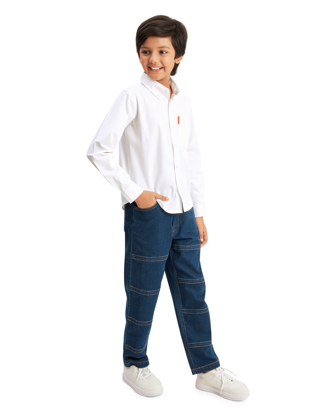 Olele® Boys Full Sleeves Button Down Front Pocket Formal Pure Cotton Plain Shirt - Bright White
